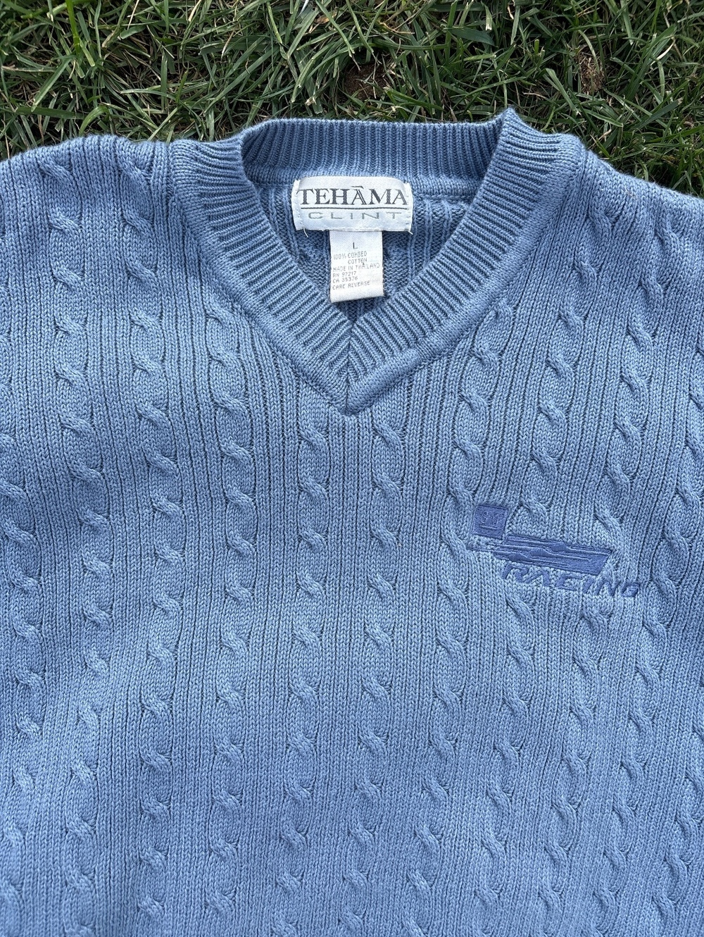 Tehama Clint Light Blue Cable Knit V-Neck Sweater Large